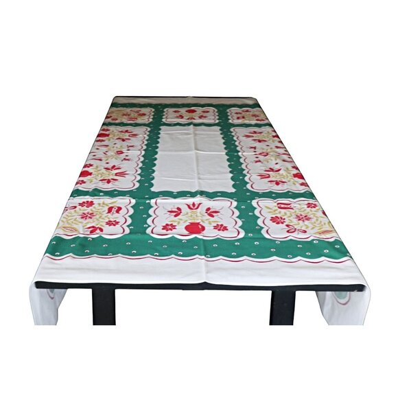 Vintage 1950s Floral Tablecloth MCM Cotton Blend Green & Red With Scallope - Picture 2 of 5